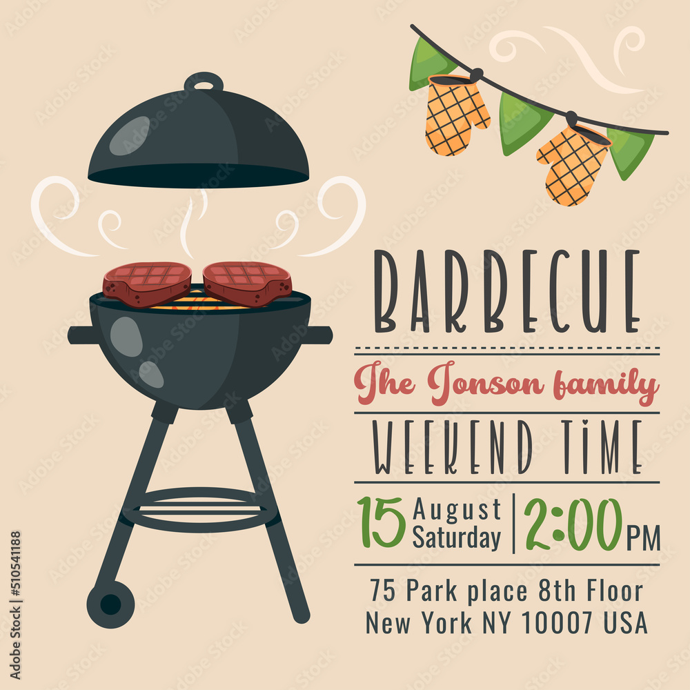 Barbecue party invitation. BBQ invite template. Summer barbecue picnic. Bbq  background with brazier, grill, steaks, meat food. Vector cartoon  illustration Stock Vector | Adobe Stock