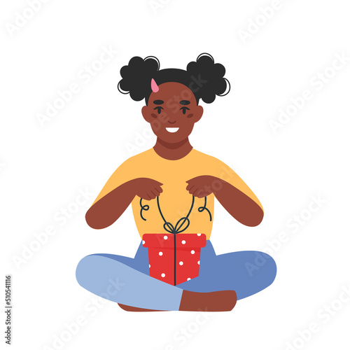 Happy child wrapping a gift. Girl prepare gift for family and friends. Flat vector illustration.