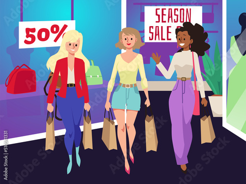 Group of women with shopping bags in the store, friends go shopping during discount season, flat vector illustration.