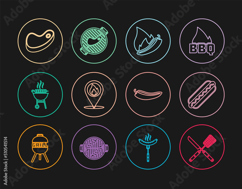 Set line Crossed knife and spatula, Hotdog sandwich, chili pepper pod, Location with fire flame, Barbecue grilled shish kebab, Steak meat, and steak icon. Vector