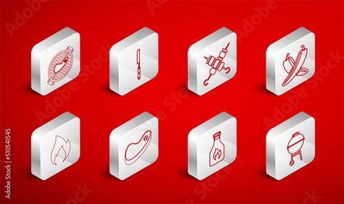 Set line Barbecue grill, knife, Grilled shish kebab, Crossed hot chili pepper pod, Ketchup bottle, with steak, Steak meat and Fire flame icon. Vector