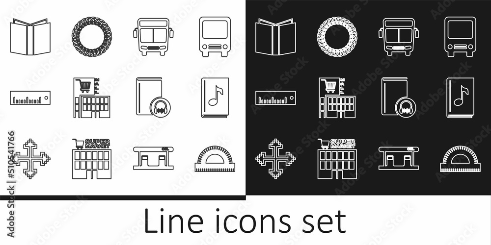 Set line Protractor grid, Audio book, Bus, Mall supermarket building, Ruler, Open, and Laurel wreath icon. Vector Set line Protractor grid, Audio book, Bus, Mall supermarket building, Ruler, Open, and Laurel wreath icon. Vector