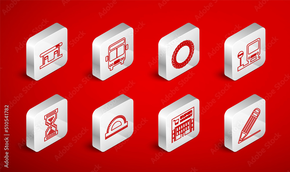 Set line Pencil and line, Bus, Laurel wreath, stop, Supermarket building, Gas filling station, Protractor grid and Hourglass pixel icon. Vector Set line Pencil and line, Bus, Laurel wreath, stop, Supermarket building, Gas filling station, Protractor grid and Hourglass pixel icon. Vector
