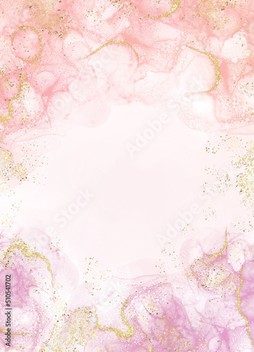 Abstract watercolor or alcohol ink art pink white background with golden crackers. Pastel pink marble drawing effect. llustration design template for wedding invitation,decoration, banner, background. © Deemerwha