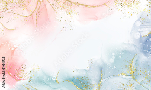Abstract watercolor or alcohol ink art pink white background with golden crackers. Pastel pink marble drawing effect. llustration design template for wedding invitation,decoration, banner, background.