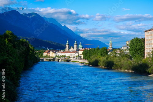 Inn river goes through the Innsbruck Old town in Alps mountains, Tyrol, Austria