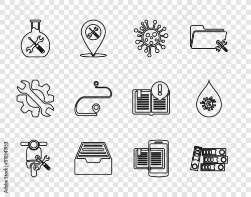 Set line Scooter service, Office folders, Bacteria, Drawer with documents, Bioengineering, Route location, Smartphone and book and Dirty water drop icon. Vector