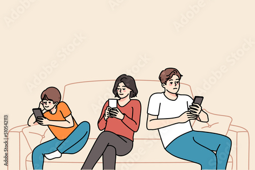 Young family with child sit on sofa browsing internet on modern smartphone. Parents and small kid addicted to cellphones, using gadgets together at home. Technology addiction. Vector illustration. 