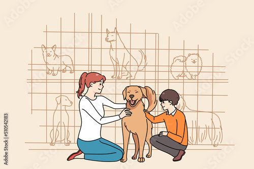 Happy mother and son caress dog adopt animal from shelter. Smiling mom and child take pet from animal center for homeless dogs. Puppy adoption. Vector illustration. 