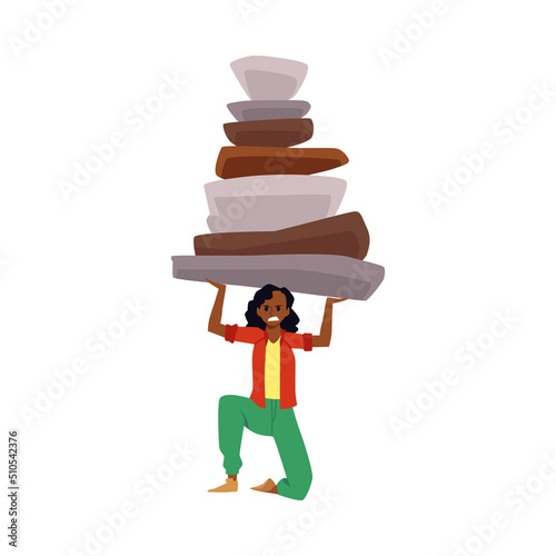 Angry and strong woman carrying abstract heavy life burdens, flat vector illustration isolated on white background.