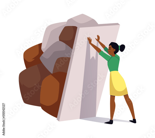 Confident young woman holding door from pile of huge stones flat style