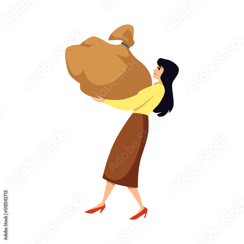 Stylish woman in heels carries huge bag flat style, vector illustration