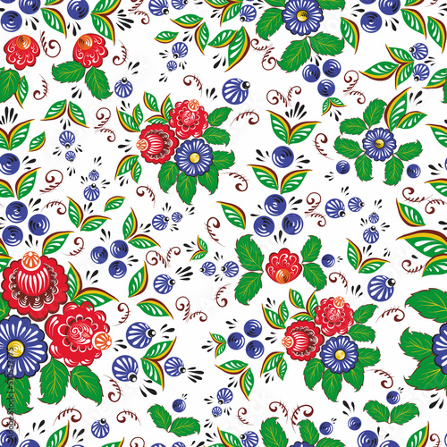 Seamless background folk art.Red and blue flowers with green leaves.Hand drawn.Vector illustration.