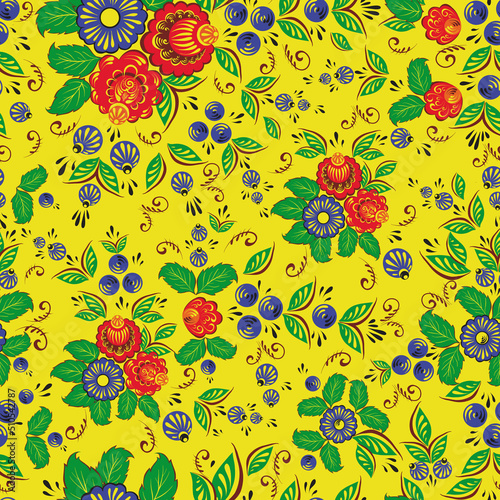 Seamless background folk art.Red and blue flowers with green leaves.Yellow background.Vector illustration.