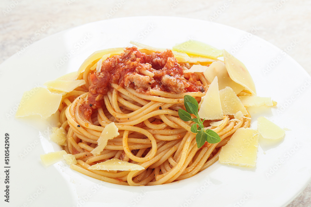 Italian pasta Spaghetti bolognese with parmesan