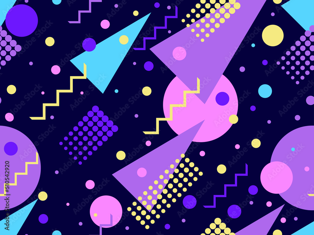 Geometric seamless pattern with memphis elements in 80s style. Colorful geometric pattern. Design of promotional products, wrapping paper and printing. Vector illustration Geometric seamless pattern with memphis elements in 80s style. Colorful geometric pattern. Design of promotional products, wrapping paper and printing. Vector illustration