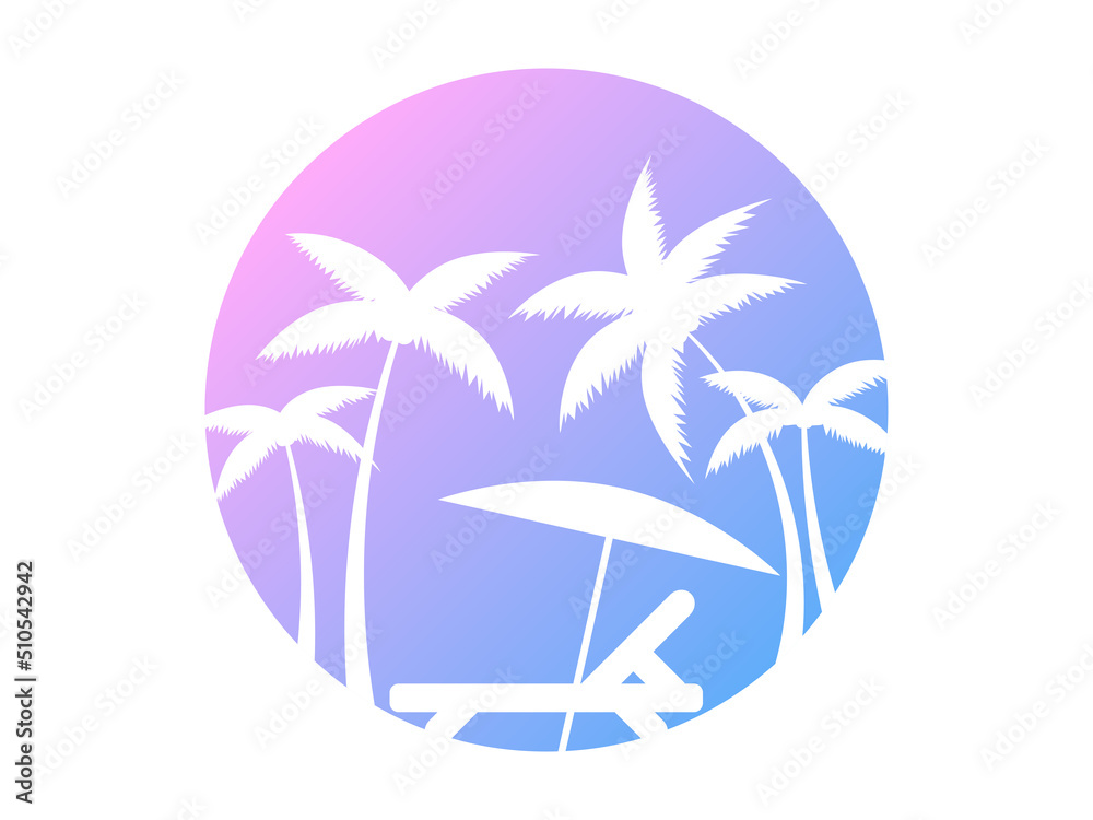 Chaise lounge outline with palm trees in the style of the 80s. Palm trees and deck chair at gradient sun isolated on white background. Design for banners and posters. Vector illustration