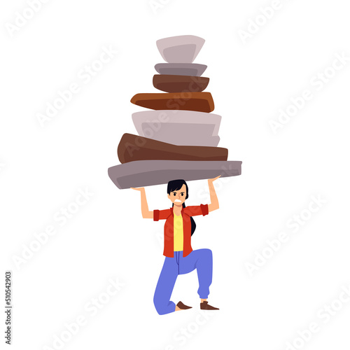 Stressed woman holding abstract heavy burdens of life above her head, flat vector illustration isolated on white.