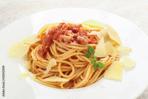 Italian pasta Spaghetti bolognese with parmesan