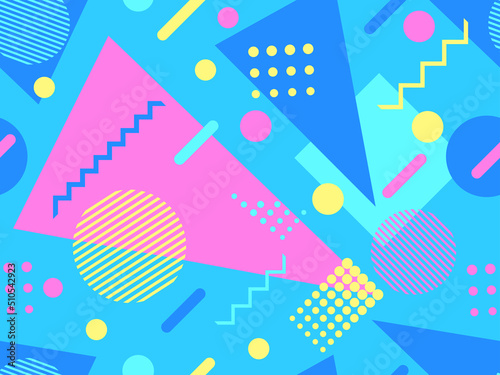 Geometric seamless pattern with memphis elements in 80s style. Colorful geometric pattern. Design of promotional products, wrapping paper and printing. Vector illustration
