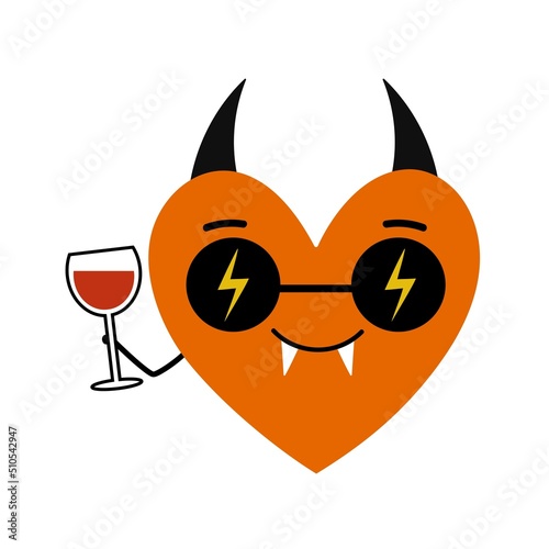 Vector illustration with devil heart in black sun glasses and glass of red wine. Funny print design, sticker template