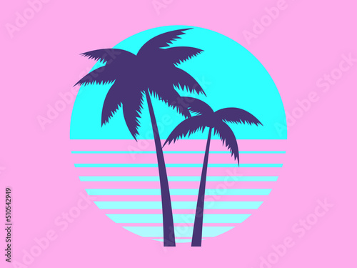 Contours of palm trees at sunset in the style of the 80s. Palm trees and blue sun on a pink background. Design for printing advertising banners and posters. Vector illustration