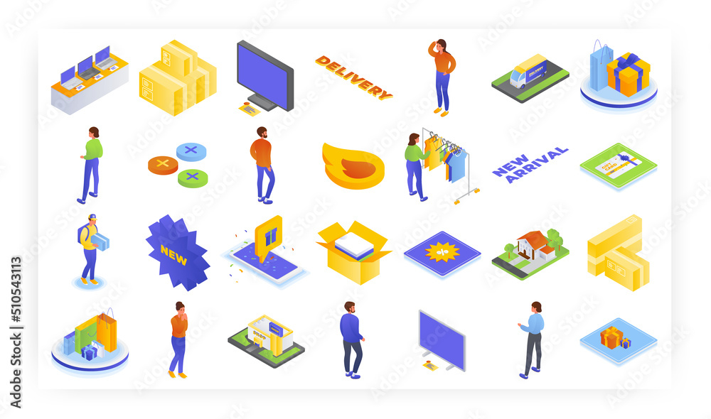 Online shopping, delivery service, vector isometric icon set. Internet store. New arrivals of clothing. Discounts, gifts Online shopping, delivery service, vector isometric icon set. Internet store. New arrivals of clothing. Discounts, gifts