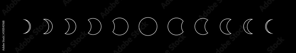 Thin line Moon phases astronomy icon set on black background. Night moon phases and space astronomy. Concept cycle from new moon to full moon. Vector illustration Thin line Moon phases astronomy icon set on black background. Night moon phases and space astronomy. Concept cycle from new moon to full moon. Vector illustration