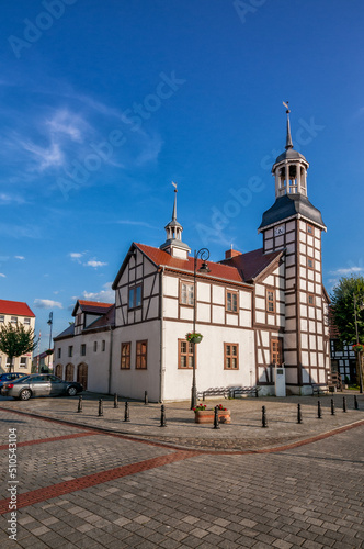 Town hall with a half-timbered structure from 1697. Nowe Warpno, West Pomeranian Voivodeship, Poland.