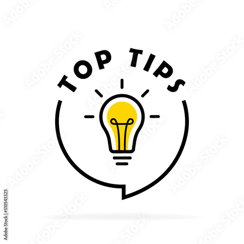 Top tips circle message bubble with light bulb emblem. Banner design for business and advertising. Vector illustration