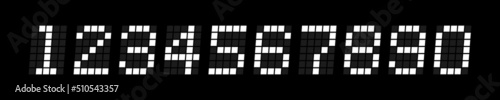 Digital electronic figures set pixel style on black background. Digital numbers for watch, alarm clock, countdown and timer. Vector illustration graphic design