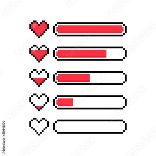 Pixel game life bar. Pixel art 8-bit love loading. Rate your love. Love measuring indicator with pixel hearts isolated on white background. Vector illustration