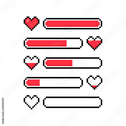 Pixel game life bar. Pixel art 8-bit love loading. Rate your love. Love measuring indicator with pixel hearts isolated on white background. Vector illustration