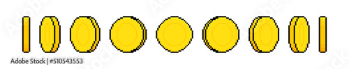 8-bit pixel art coin animation. Pixel money animated frames. Gold coin design for gameing. Vector illustration