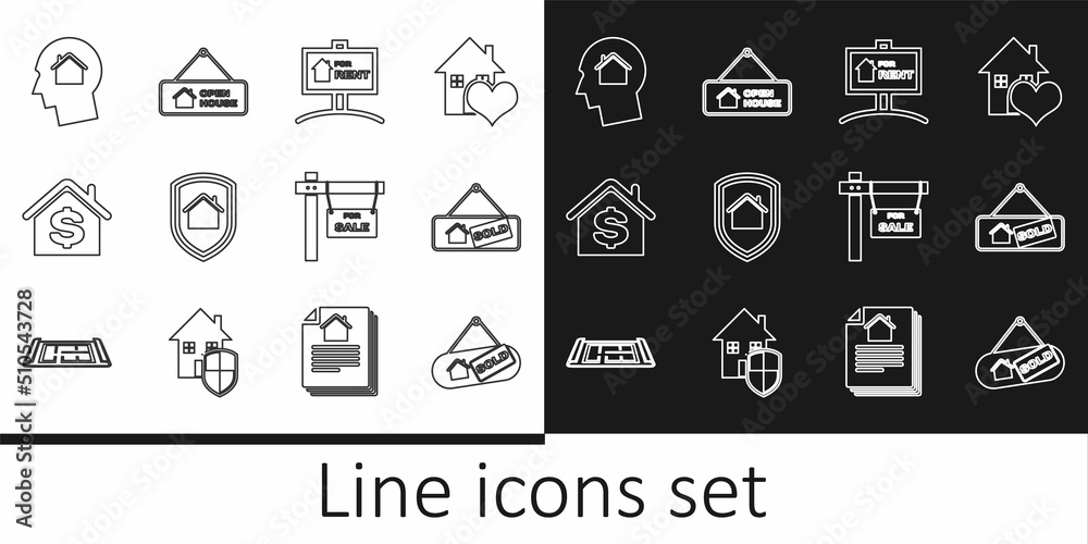 Set line Hanging sign with Sold, For Rent, House under protection, dollar, Man dreaming about buying house, Sale and Open icon. Vector Set line Hanging sign with Sold, For Rent, House under protection, dollar, Man dreaming about buying house, Sale and Open icon. Vector