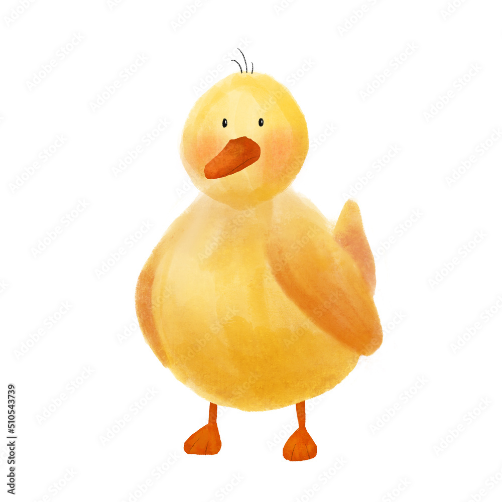 Mix media duck in cartoon style isolated on white background. Cute little duckling bird for child print, textile design, poster, educational games Mix media duck in cartoon style isolated on white background. Cute little duckling bird for child print, textile design, poster, educational games
