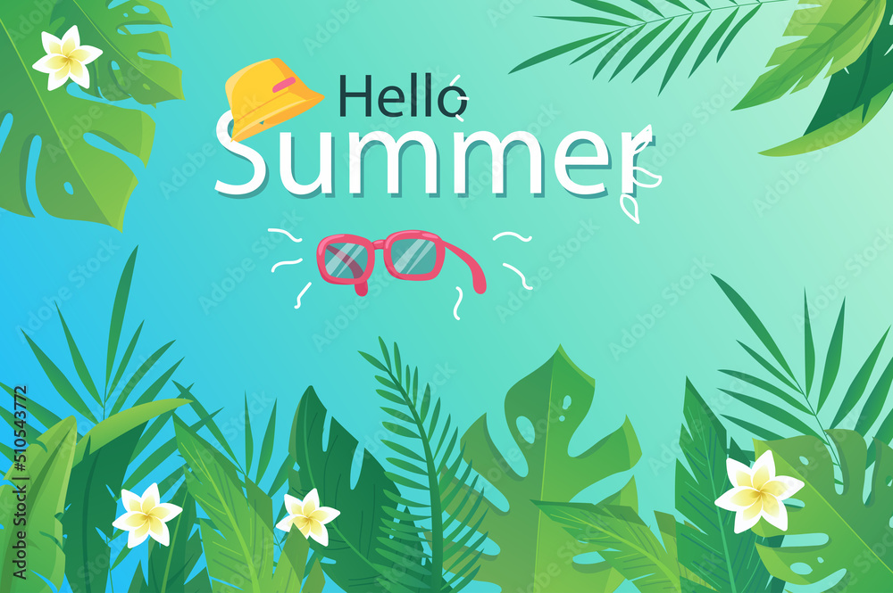 Hello summer background in flat cartoon design. Wallpaper with summertime border of flowers, green palm leaves, jungle foliage, sunglasses and panama. Vector illustration for poster or banner template Hello summer background in flat cartoon design. Wallpaper with summertime border of flowers, green palm leaves, jungle foliage, sunglasses and panama. Vector illustration for poster or banner template