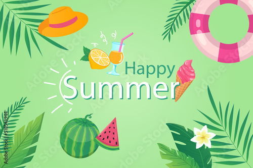Happy summer background in flat cartoon design. Wallpaper with summertime composition, palm leaves, hat, cocktail, fruits, rubber ring, ice cream. Vector illustration for poster or banner template