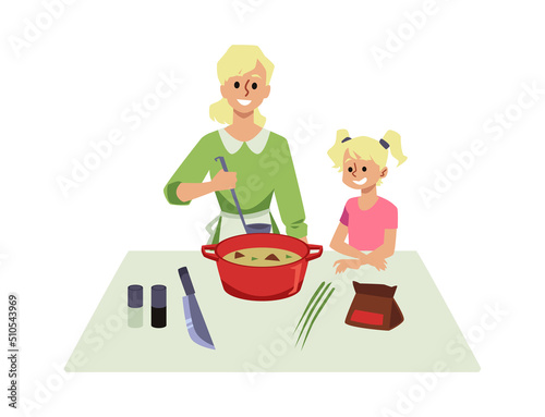 Happy mother and child cook dishes in kitchen flat vector illustration isolated.
