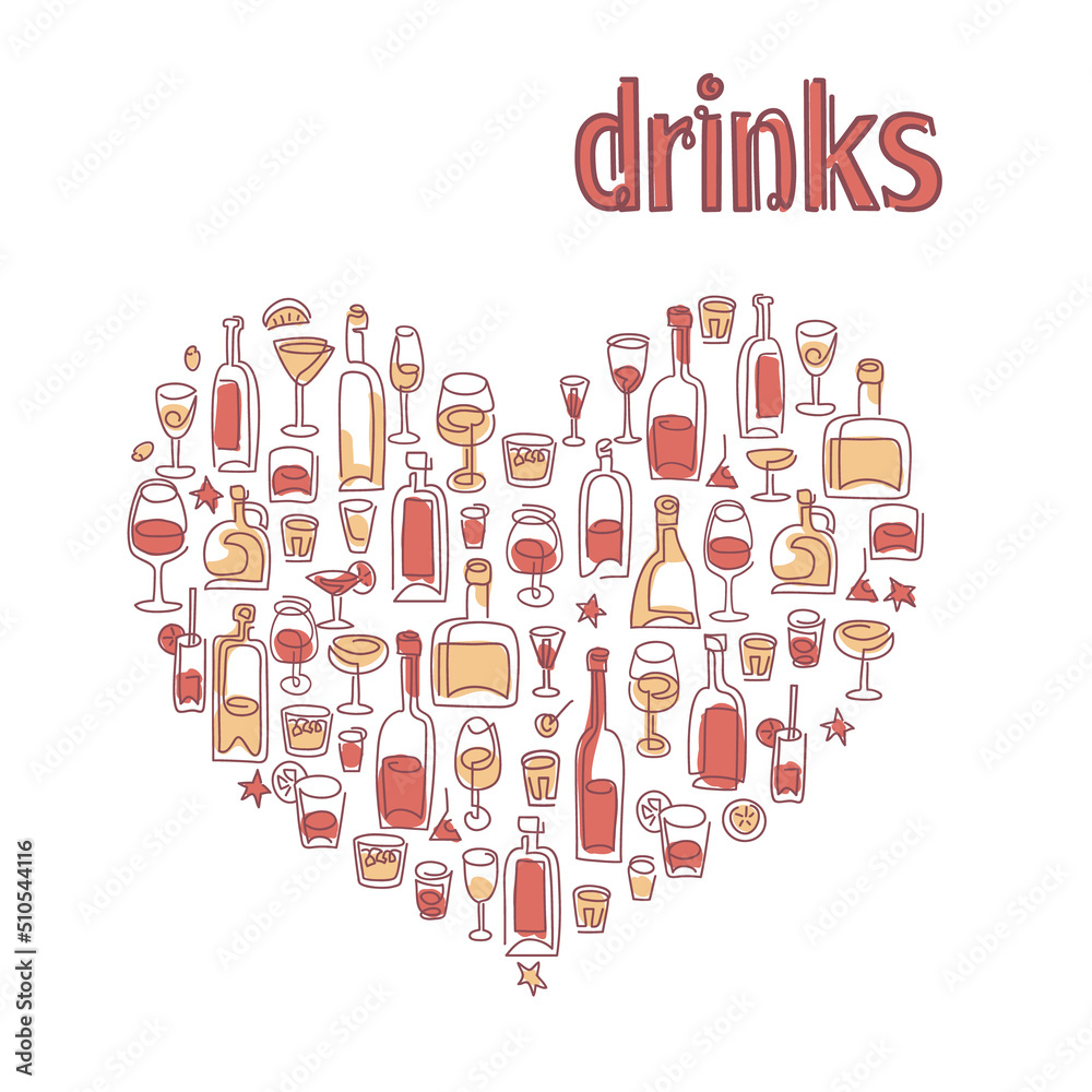 Wine, bottle, glass and drinks shaped in heart vector illustration
