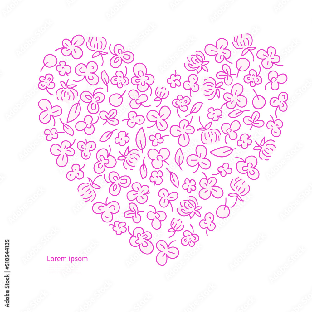 clover, leaf and flowers shaped in heart vector isolated illustration.
