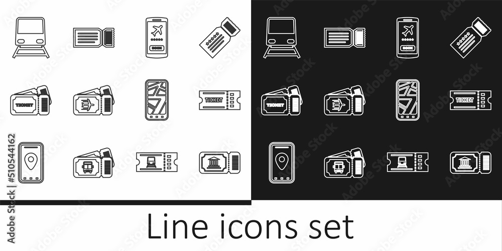 Set line Museum ticket, Ticket, Mobile with, Airline, Train, Infographic of city map and icon. Vector Set line Museum ticket, Ticket, Mobile with, Airline, Train, Infographic of city map and icon. Vector
