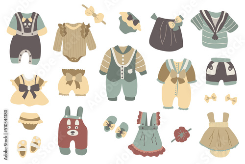 Hand-drawn set of children's clothes. White background, isolate. Vector illustration.