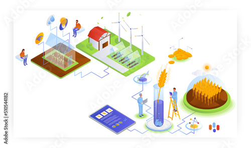 Farming industry, vector isometric illustration. Smart greenhouse, Iot. Genetically modified crop, gmo wheat research.