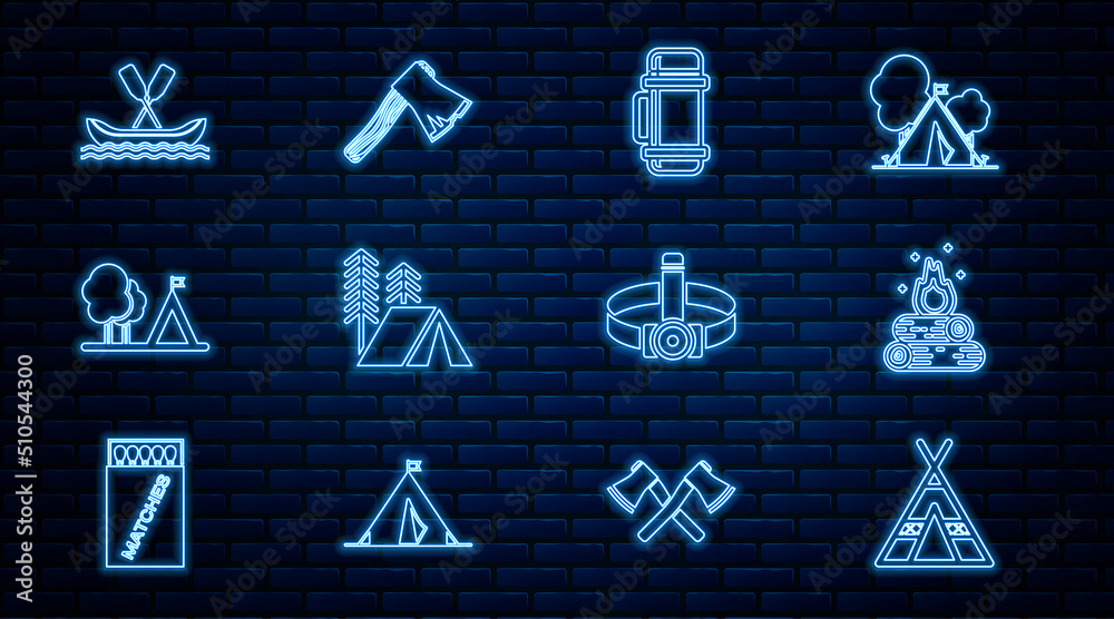 Set line Tourist tent, Campfire, Thermos container, with flag, Rafting boat, Head flashlight and Old wooden axe icon. Vector