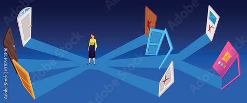Woman surrounded by doors as metaphor of choosing way, flat vector illustration.
