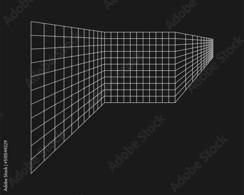 Cyber grid, retro punk perspective rectangular tunnel. Grid tunnel geometry on black background. Vector illustration