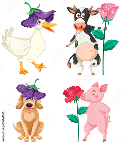 Set of cute animals with flower cartoon character