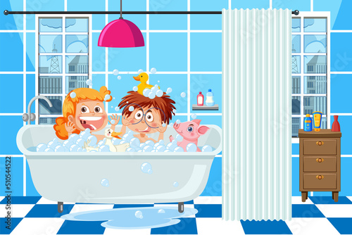 Kids playing bubbles in bathtub