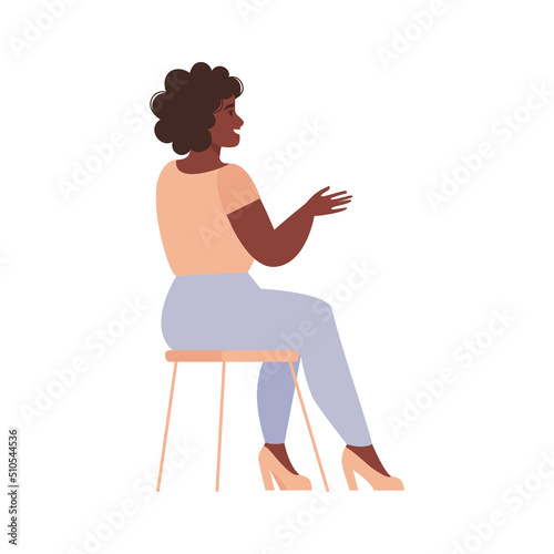 Female character sitting on a chair and talking. Flat vector illustration.